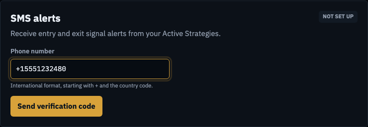 Settings, Notifications: SMS alerts panel with a phone number field and a Send verification code button.