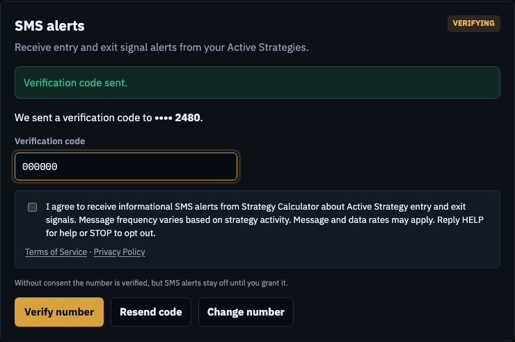 Settings, Notifications: verification code field and an unchecked SMS consent disclosure with Terms of Service and Privacy Policy links, and a Verify number button.